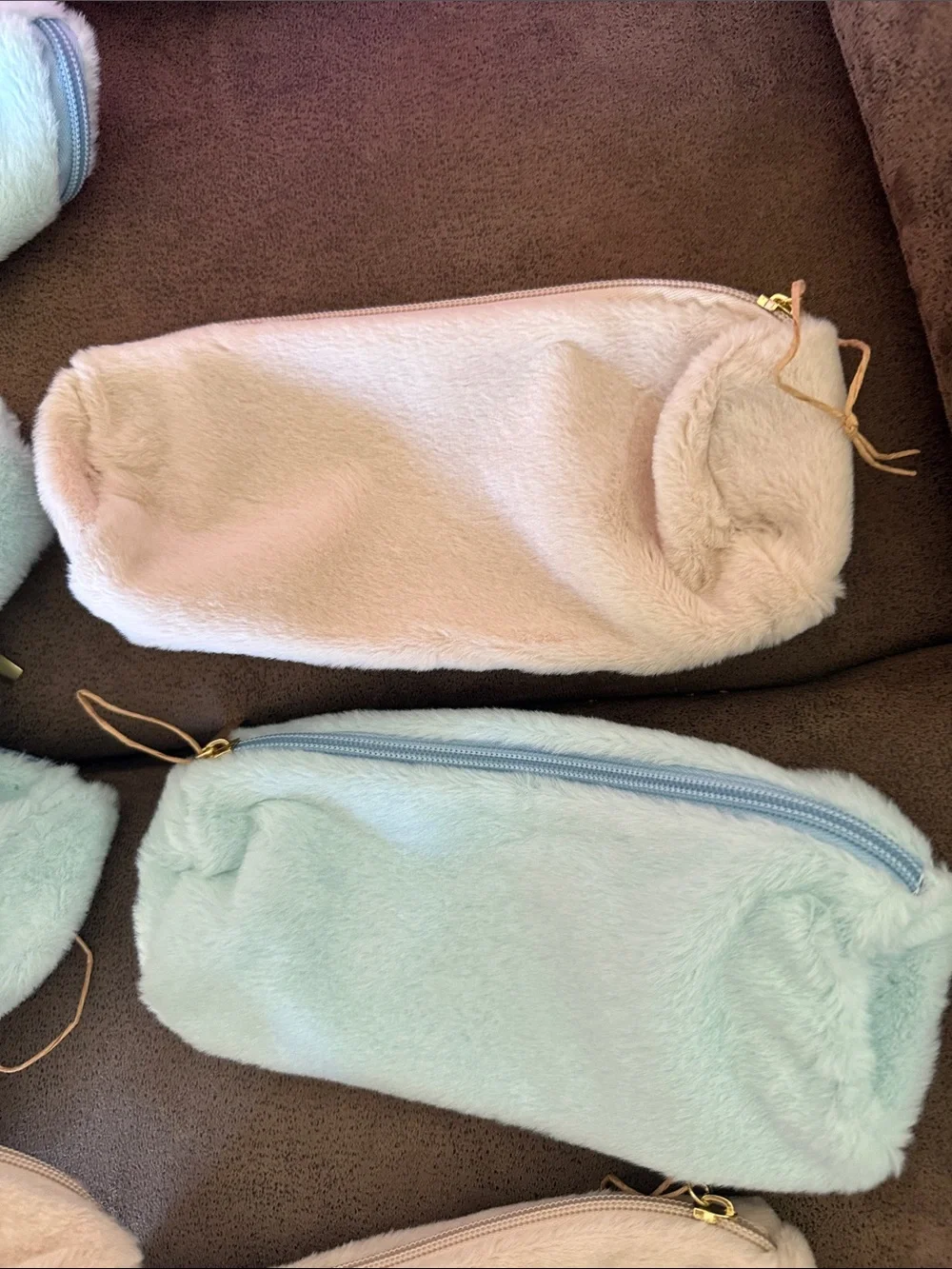 Fuzzy pencil cases NWOT 8 teal, 3 tan , 2 pink storage